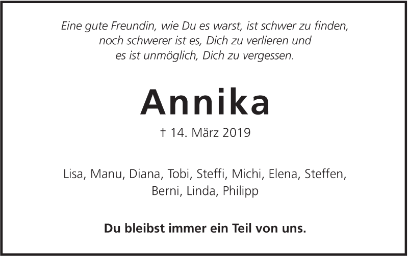  Traueranzeige für Annika Blochinger vom 20.03.2019 aus Alb-Bote/Metzinger-Uracher Volksblatt