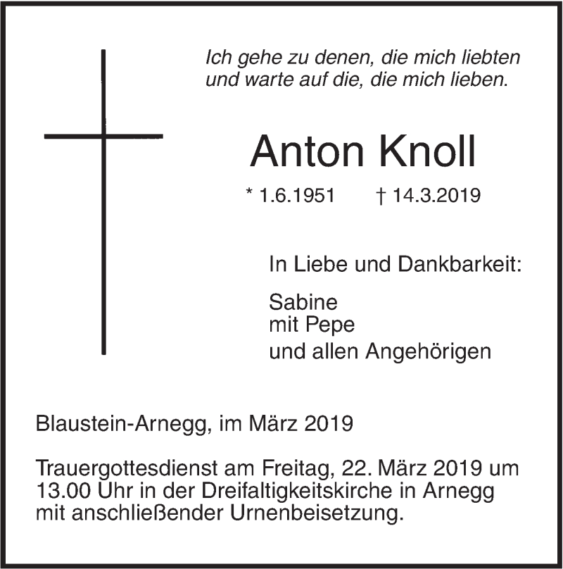  Traueranzeige für Anton Knoll vom 19.03.2019 aus SÜDWEST PRESSE Ausgabe Ulm/Neu-Ulm