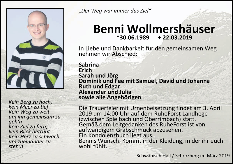  Traueranzeige für Benni Wollmershäuser vom 27.03.2019 aus Hohenloher Tagblatt