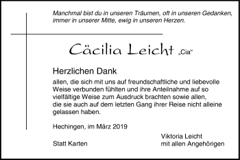 Traueranzeige von Cäcilia Leicht von Hohenzollerische Zeitung