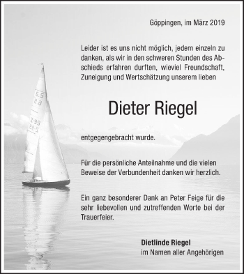 Traueranzeige von Dieter Riegel von NWZ Neue Württembergische Zeitung