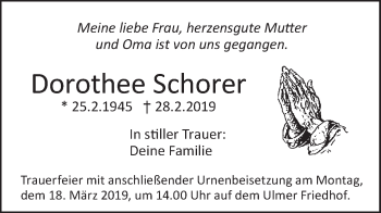 Traueranzeige von Dorothee Schorer von SÜDWEST PRESSE Ausgabe Ulm/Neu-Ulm