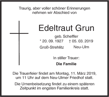 Traueranzeige von Edeltraut Grun von SÜDWEST PRESSE Ausgabe Ulm/Neu-Ulm