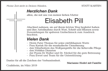 Traueranzeige von Elisabeth Pill von Hohenloher Tagblatt