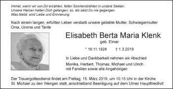 Traueranzeige von Elisabeth Berta Maria Klenk von SÜDWEST PRESSE Ausgabe Ulm/Neu-Ulm