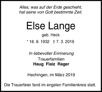 Traueranzeige von Else Lange von Hohenzollerische Zeitung
