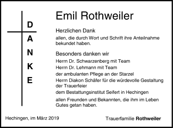 Traueranzeige von Emil Rothweiler von Hohenzollerische Zeitung