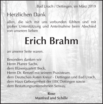 Traueranzeige von Erich Brahm von Metzinger-Uracher Volksblatt