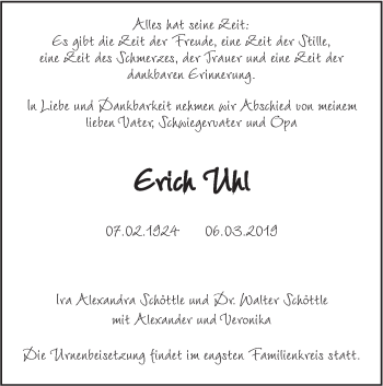 Traueranzeige von Erich Uhl von SÜDWEST PRESSE Ausgabe Ulm/Neu-Ulm