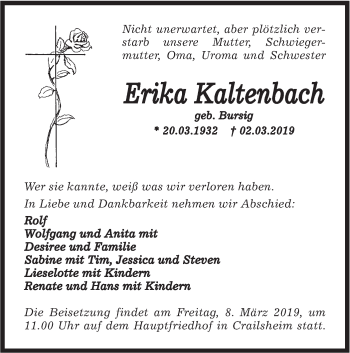 Traueranzeige von Erika Kaltenbach von Hohenloher Tagblatt
