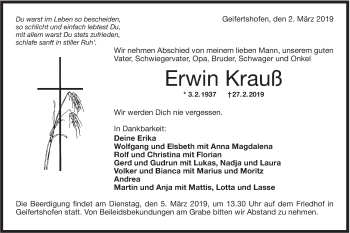 Traueranzeige von Erwin Krauß von Haller Tagblatt