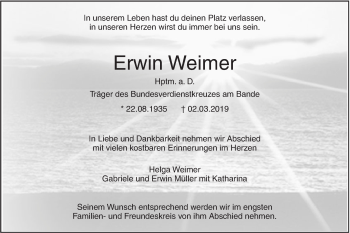 Traueranzeige von Erwin Weimer von SÜDWEST PRESSE Ausgabe Ulm/Neu-Ulm