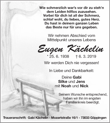 Traueranzeige von Eugen Kächelin von NWZ Neue Württembergische Zeitung