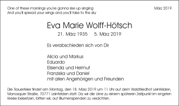 Traueranzeige von Eva Marie Wolff-Hötsch von SÜDWEST PRESSE Ausgabe Ulm/Neu-Ulm