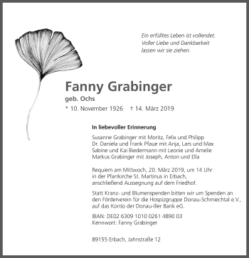 Traueranzeige von Fanny Grabinger von SÜDWEST PRESSE Ausgabe Ulm/Neu-Ulm