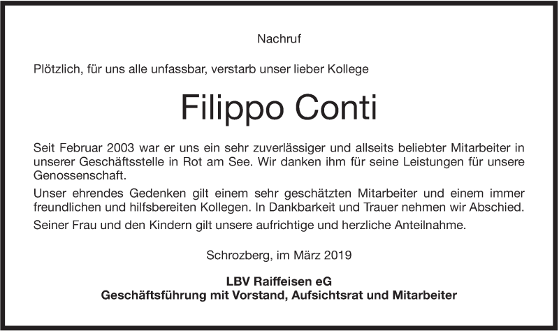  Traueranzeige für Filippo Conti vom 27.03.2019 aus Hohenloher Tagblatt