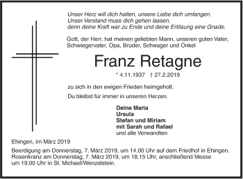 Traueranzeige von Franz Retagne von Ehinger Tagblatt