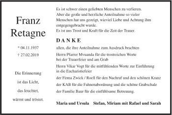 Traueranzeige von Franz Retagne von Ehinger Tagblatt
