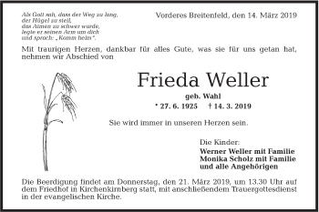 Traueranzeige von Frieda Weller von Rundschau Gaildorf