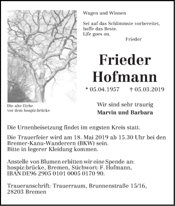 Traueranzeige von Frieder Hofmann von SÜDWEST PRESSE Ausgabe Ulm/Neu-Ulm
