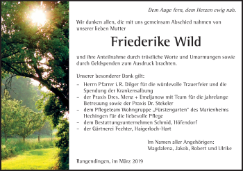 Traueranzeige von Friederike Wild von Hohenzollerische Zeitung