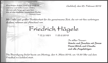 Traueranzeige von Friedrich Hägele von Rundschau Gaildorf