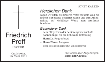 Traueranzeige von Friedrich Proff von Hohenloher Tagblatt