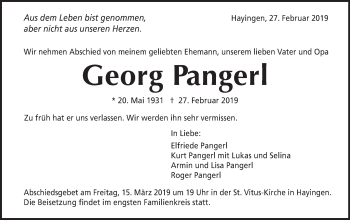 Traueranzeige von Georg Pangerl von Alb-Bote/Metzinger-Uracher Volksblatt