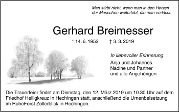 Traueranzeige von Gerhard Breimesser von Hohenzollerische Zeitung