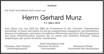 Traueranzeige von Gerhard Munz von Haller Tagblatt