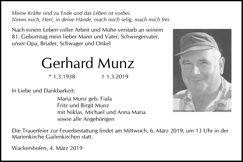  Traueranzeige für Gerhard Munz vom 04.03.2019 aus Haller Tagblatt