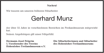Traueranzeige von Gerhard Munz von Haller Tagblatt
