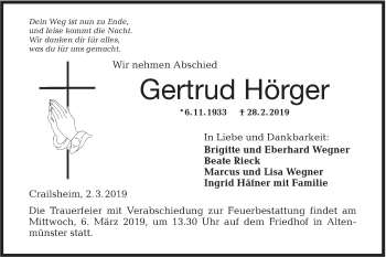 Traueranzeige von Gertrud Hörger von Hohenloher Tagblatt