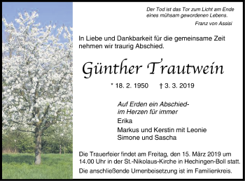 Traueranzeige von Günther Trautwein von Hohenzollerische Zeitung