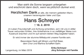 Traueranzeige von Hans Schreyer von Hohenloher Tagblatt