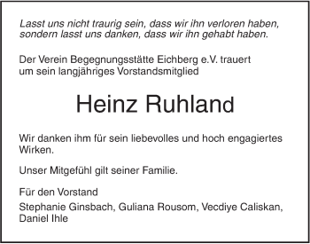 Traueranzeige von Heinz Ruhland von SÜDWEST PRESSE Ausgabe Ulm/Neu-Ulm