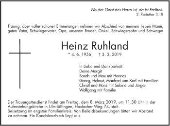 Traueranzeige von Heinz Ruhland von SÜDWEST PRESSE Ausgabe Ulm/Neu-Ulm