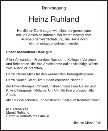 Traueranzeige von Heinz Ruhland von SÜDWEST PRESSE Ausgabe Ulm/Neu-Ulm