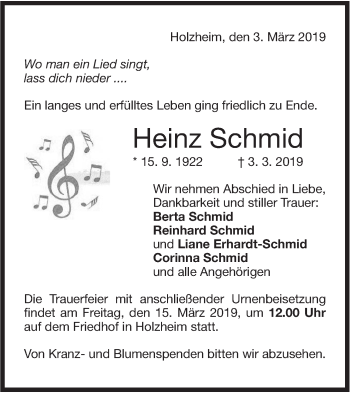 Traueranzeige von Heinz Schmid von NWZ Neue Württembergische Zeitung