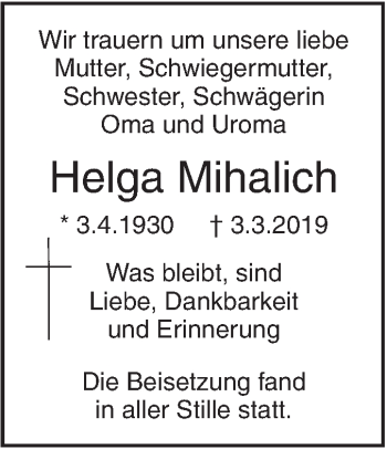 Traueranzeige von Helga Mihalich von SÜDWEST PRESSE Ausgabe Ulm/Neu-Ulm