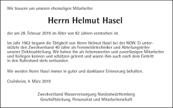 Traueranzeige von Helmut Hasel von Hohenloher Tagblatt