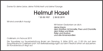 Traueranzeige von Helmut Hasel von Hohenloher Tagblatt