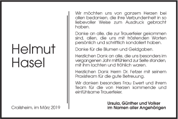 Traueranzeige von Helmut Hasel von Hohenloher Tagblatt