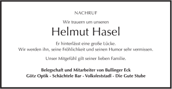 Traueranzeige von Helmut Hasel von Hohenloher Tagblatt