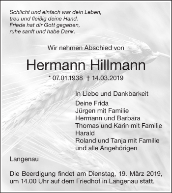 Traueranzeige von Hermann Hillmann von SÜDWEST PRESSE Ausgabe Ulm/Neu-Ulm