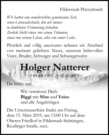 Traueranzeige von Holger Natterer von Metzinger-Uracher Volksblatt