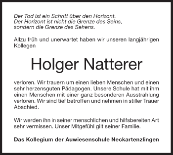Traueranzeige von Holger Natterer von Metzinger-Uracher Volksblatt