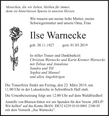 Traueranzeige von Ilse Warnecke von Haller Tagblatt