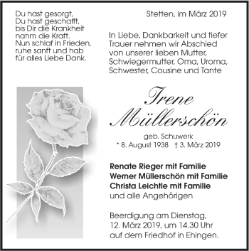 Traueranzeige von Irene Müllerschön von Ehinger Tagblatt