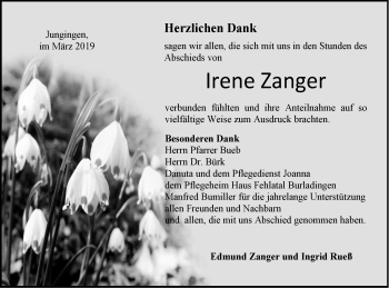 Traueranzeige von Irene Zanger von Hohenzollerische Zeitung